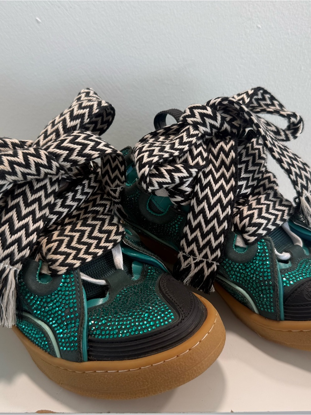 Lanvin Teal Crystal/Rhinestone Curb Sneakers w Zigzag Laces - size 38 EU